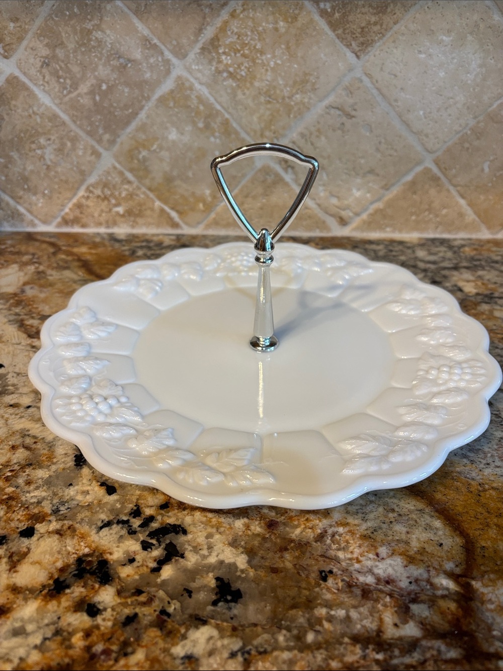 Vintage Westmoreland Glass Paneled Grape Milk Glass Center Handle Tidbit Server
